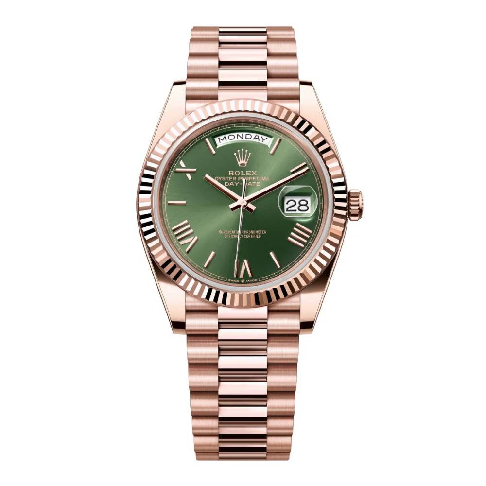 Rolex Day-Date 40 Presidential | 18k Rose Gold 228235 | Olive Green Roman Dial | Fluted Bezel