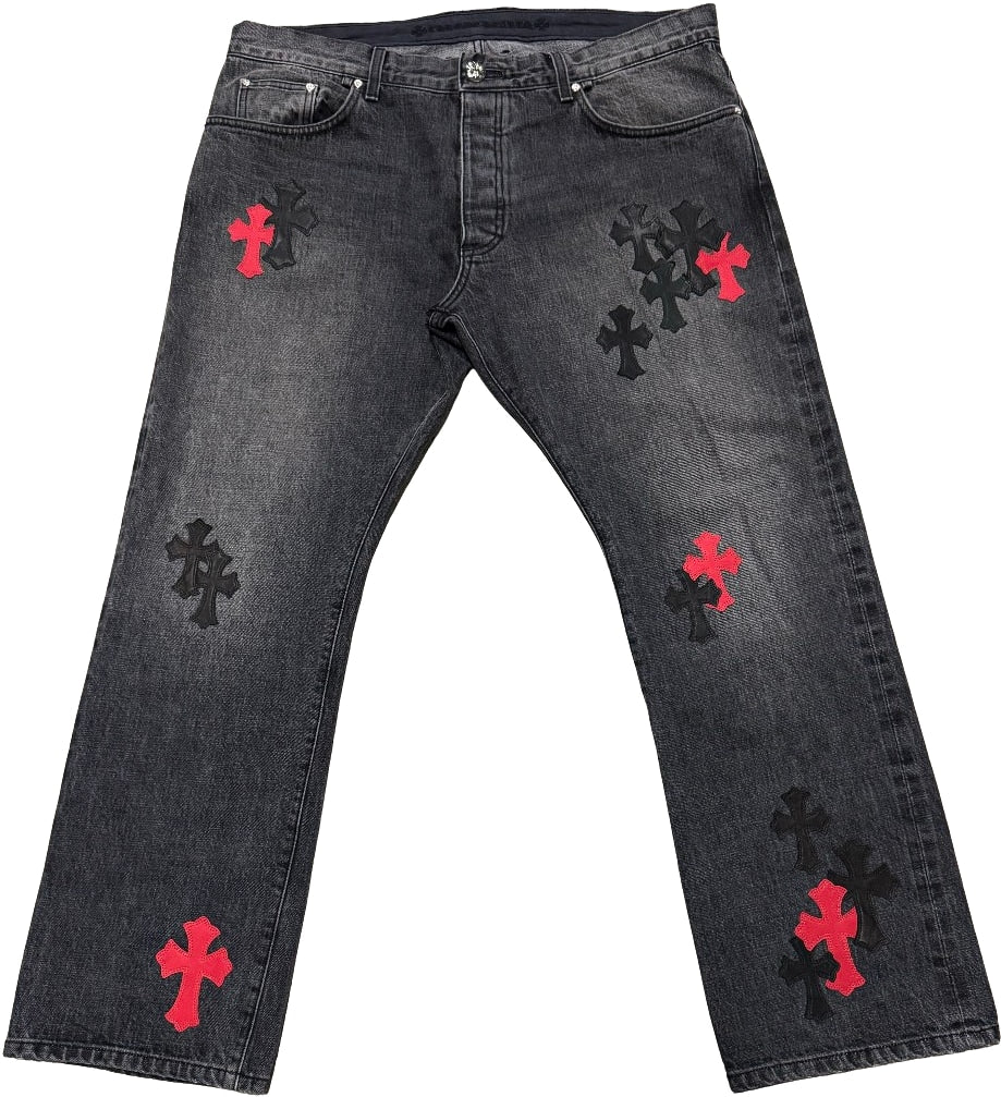 Chrome Hearts Black Jeans With Red and Black Patches